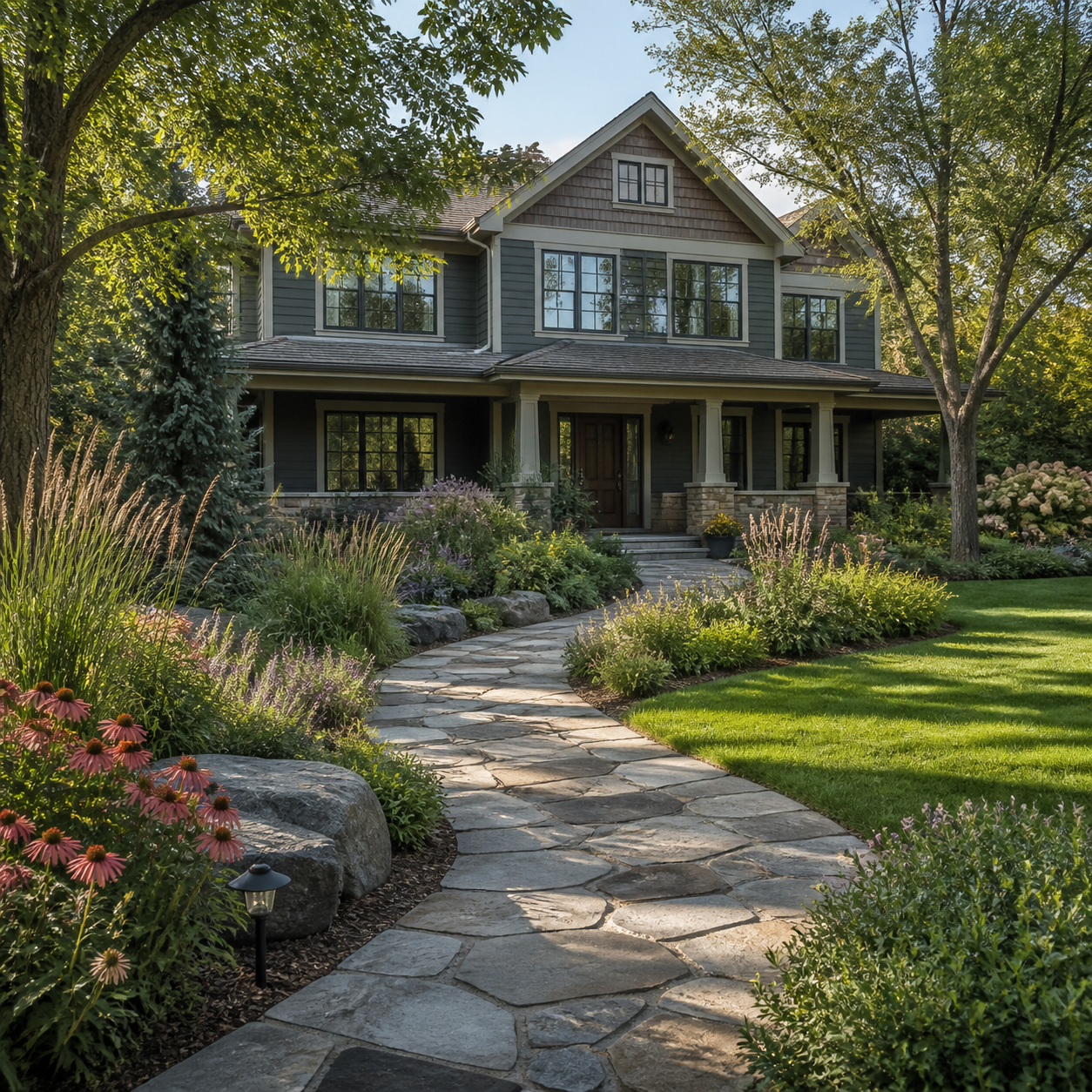 Professionally landscaped Eagan home with native plantings and a natural-stone walkway